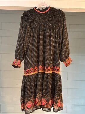 Porter Girls Black Long-Sleeve Midi Dress with Coral and Gold Trim